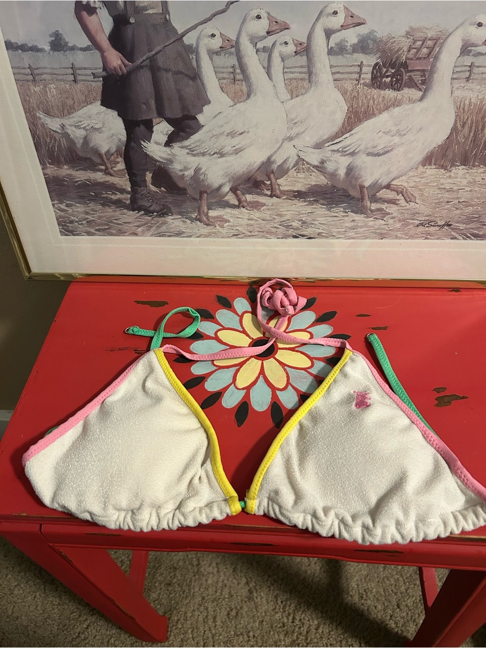 Juicy Couture White Bikini Top with Pink, Yellow & Mint Accents